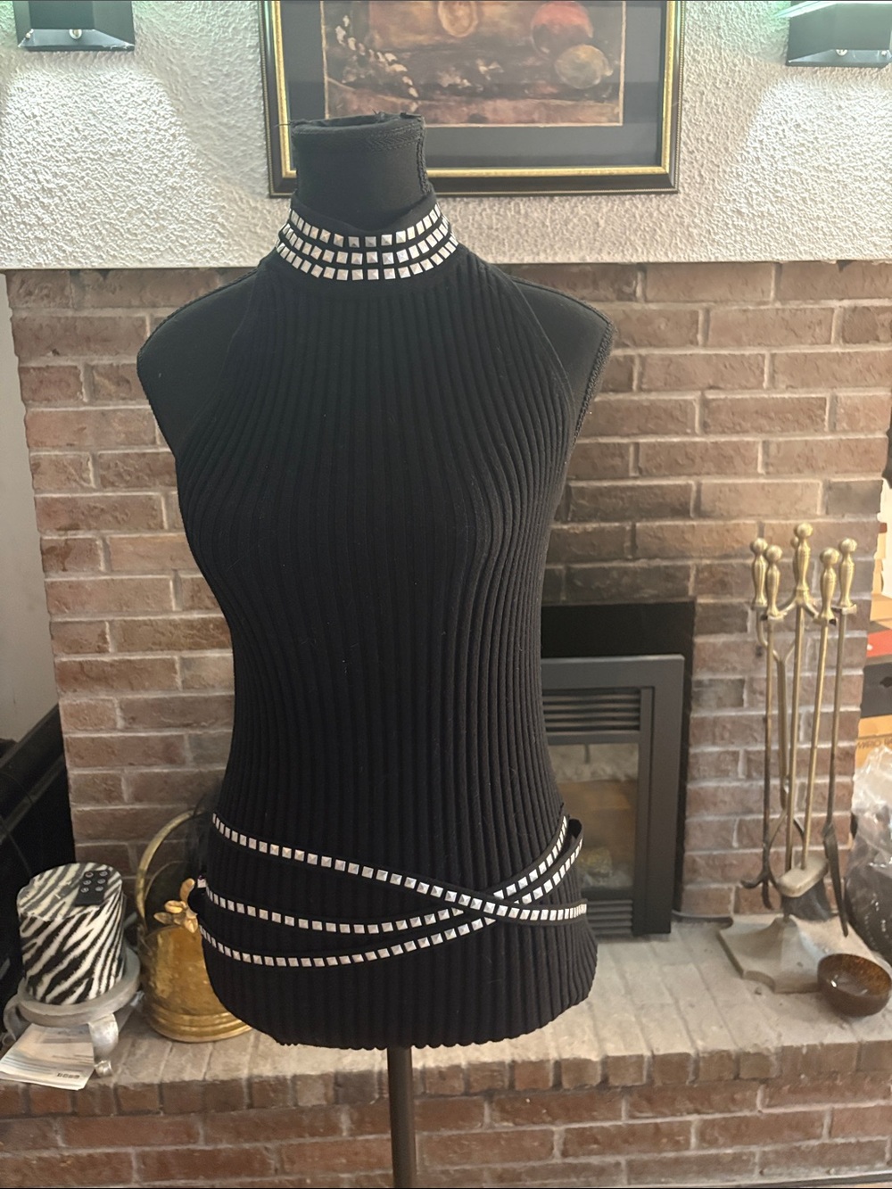 Tracy M Black Ribbed Sleeveless Tank with Studded Trim